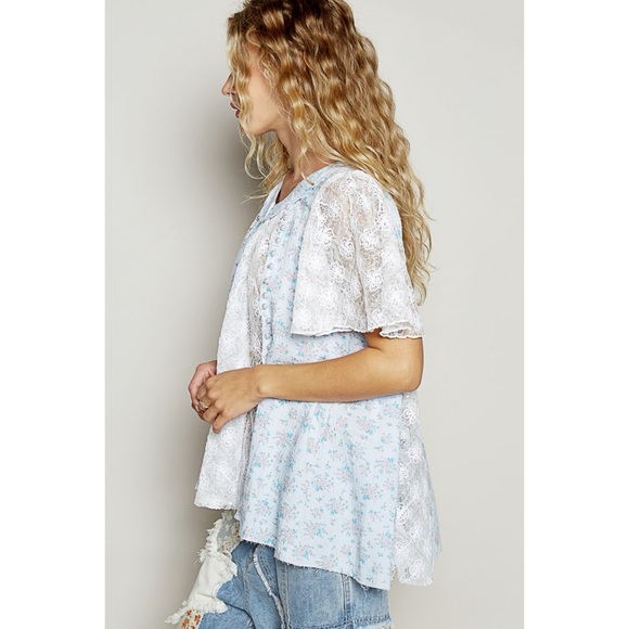 POL Blue Floral Lace Ruffled Sleeve Top with Pearls - Picture 5 of 9